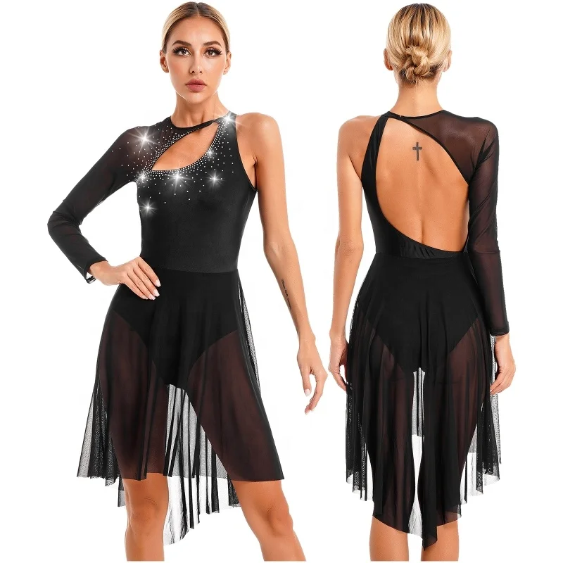 

Womens Glitter Rhinestone Cutout Leotard Dress One Shoulder Sheer Mesh Long Sleeve Figure Skating Lyrical Dance Dresses