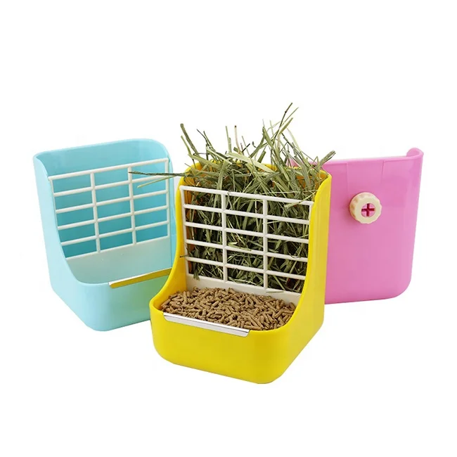 

Guinea Pig Accessories Hay Feeder Holder 2 In 1 Plastic Hamster Pet Food Feeder For Rabbit, Yellow, pink, blue