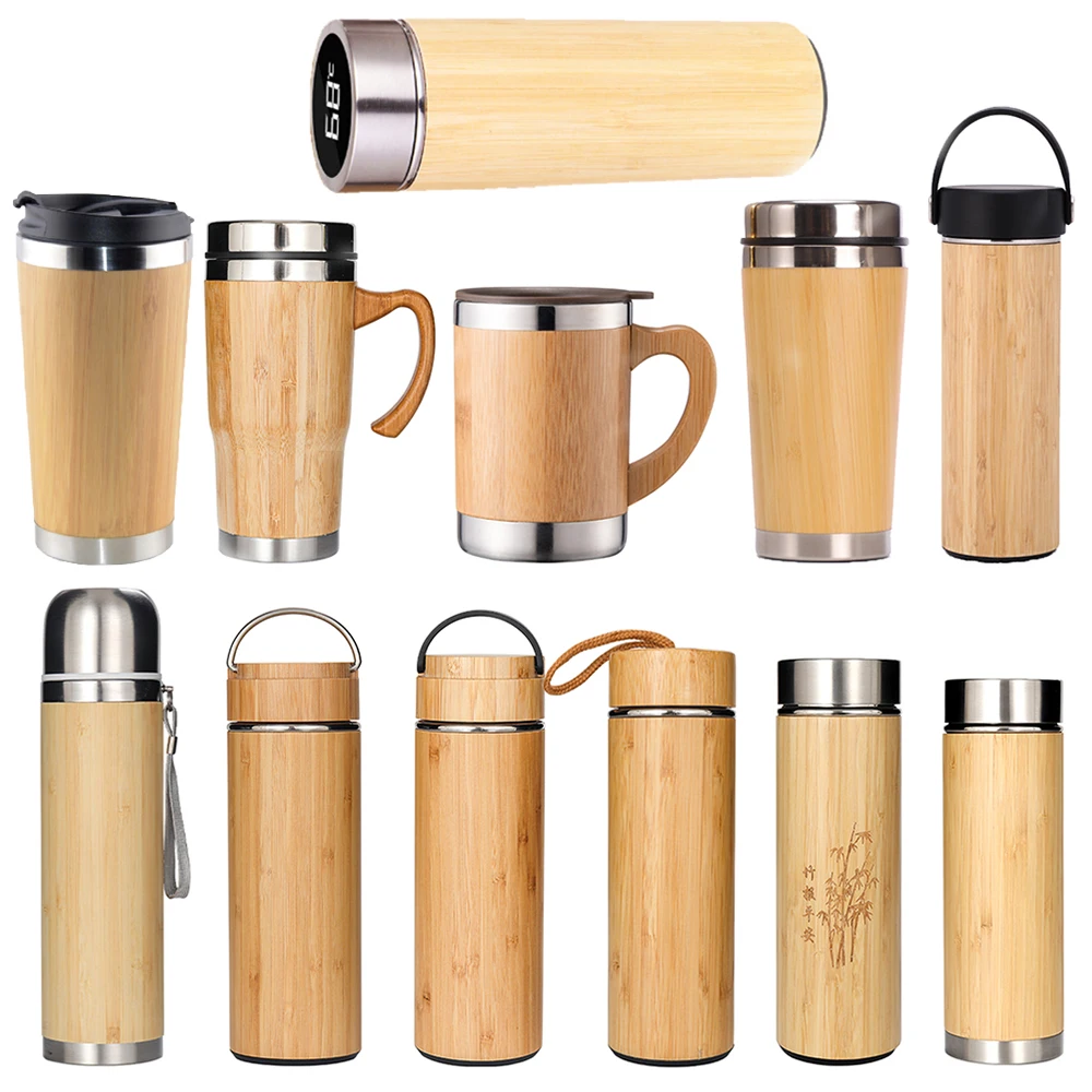 

amazon top seller Eco Friendly BPA Free Stainless Steel Bamboo Travel Flask Water Bottle Coffee Cup Tumbler Mugs, Customized color