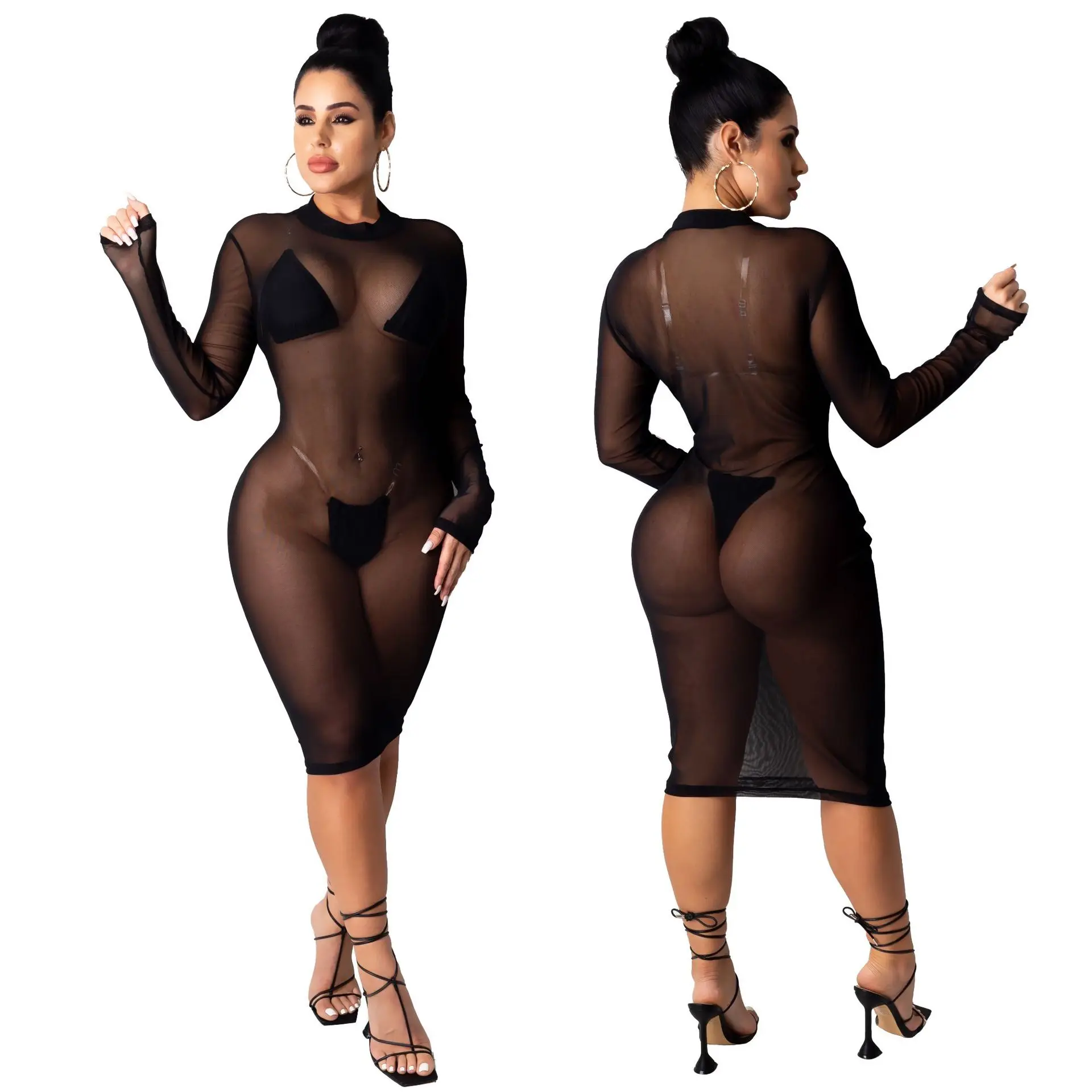 

Latest Women's Trend Sexy Onesie Night club Dress Black Mesh Transparent One Piece Bodycon Mini Dress, Customized color