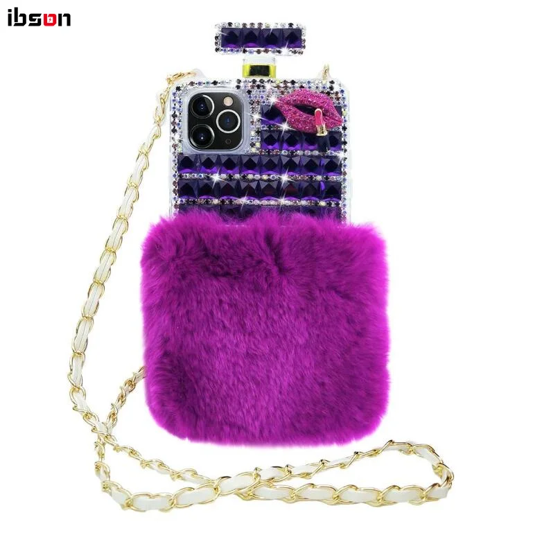 

Girls Bling Diamond Phone Case Furry Fuzzy Hair Rhinestone Perfume Bottle Cell Phone Case Cover Cell Phone Case Vendor, Blue,pink,white,purple,rose red,light purple,gray