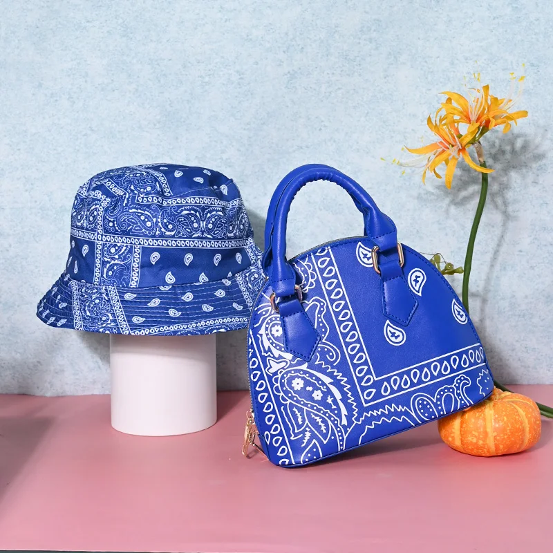 

2021 Blue Cashew Flower Print Shell Bag and Bucket Hat Sets Handbags Women Fashion Tote Blue Paisley Bandana Purse Set, 6 colors