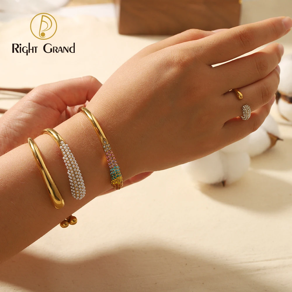 

Trending Open Cuff Bangle Mini Pearl Stainless Steel Bangles Jewelry Pave Colorful Zircon Women Gold Plated Bangles