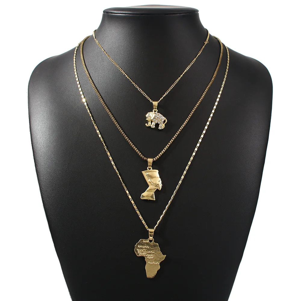 

African Map Necklace Women Gold Alloy Layered Elephant Necklace, Picture shows