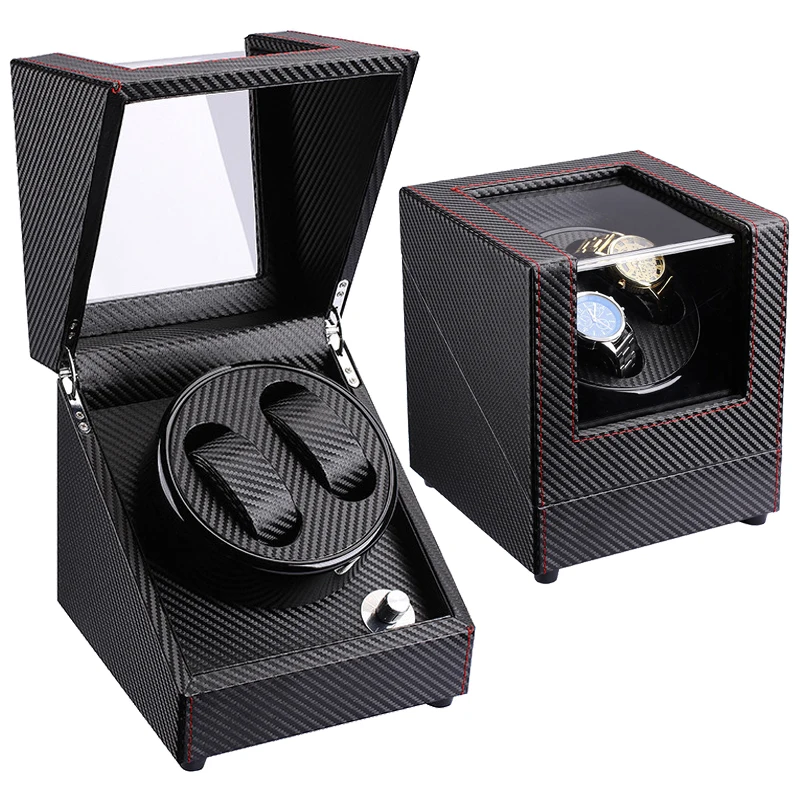 

Carbon fiber double leather watch winder for automatic with quiet motor battery powered or AC adapter, Black or pantone color