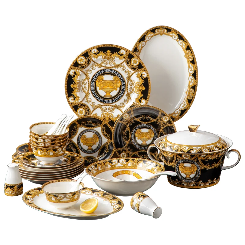 

Luxury Dinner Black Gold Cutlery Set New Exquisite 61 Pcs Fine Bone China Dinnerware Sets For 6 Person, Gold and black