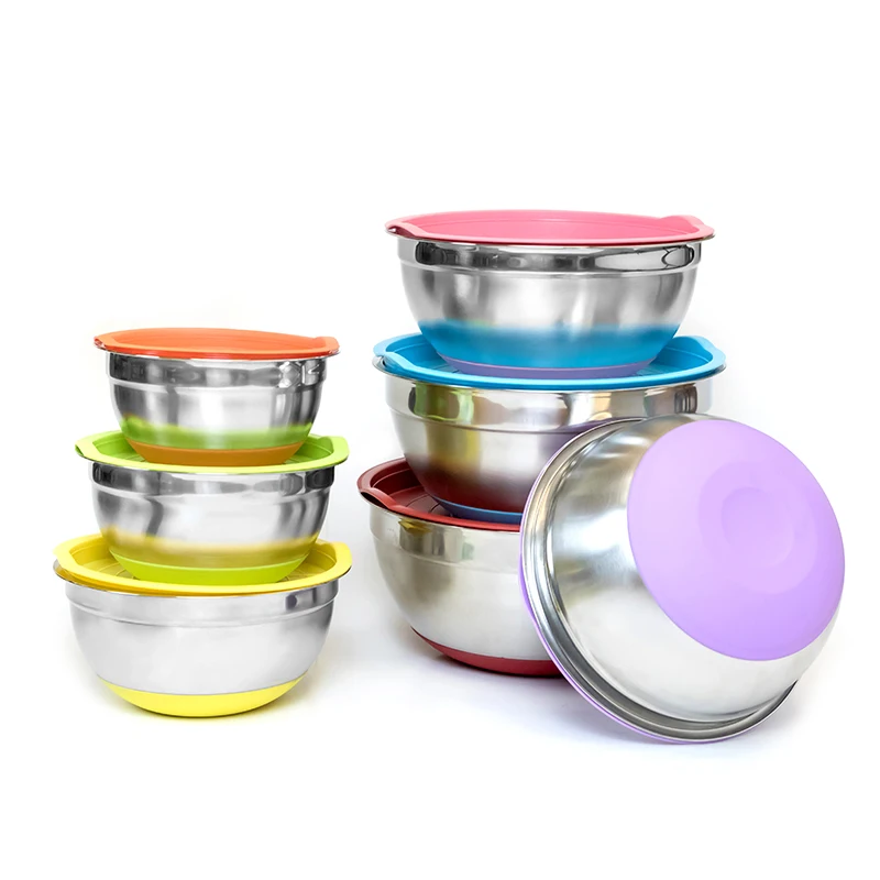 

Metal Kitchen Using 22-30cm Round Shape Mixing Bowls Colorful Silicone Bottom Salad Bowl Stainless Steel Mixing Bowls With Lids