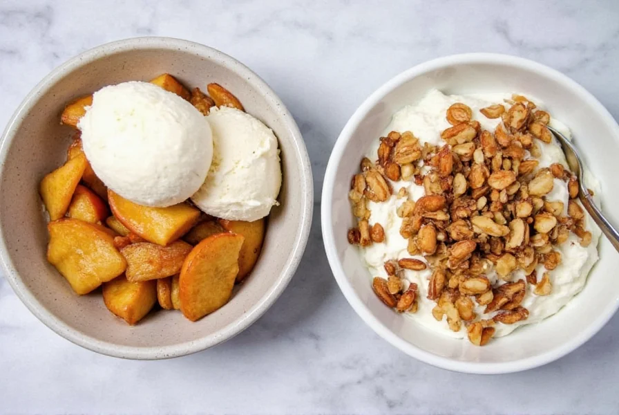 Two serving bowls of stovetop cinnamon apples with different toppings - one with ice cream, one with yogurt and nuts