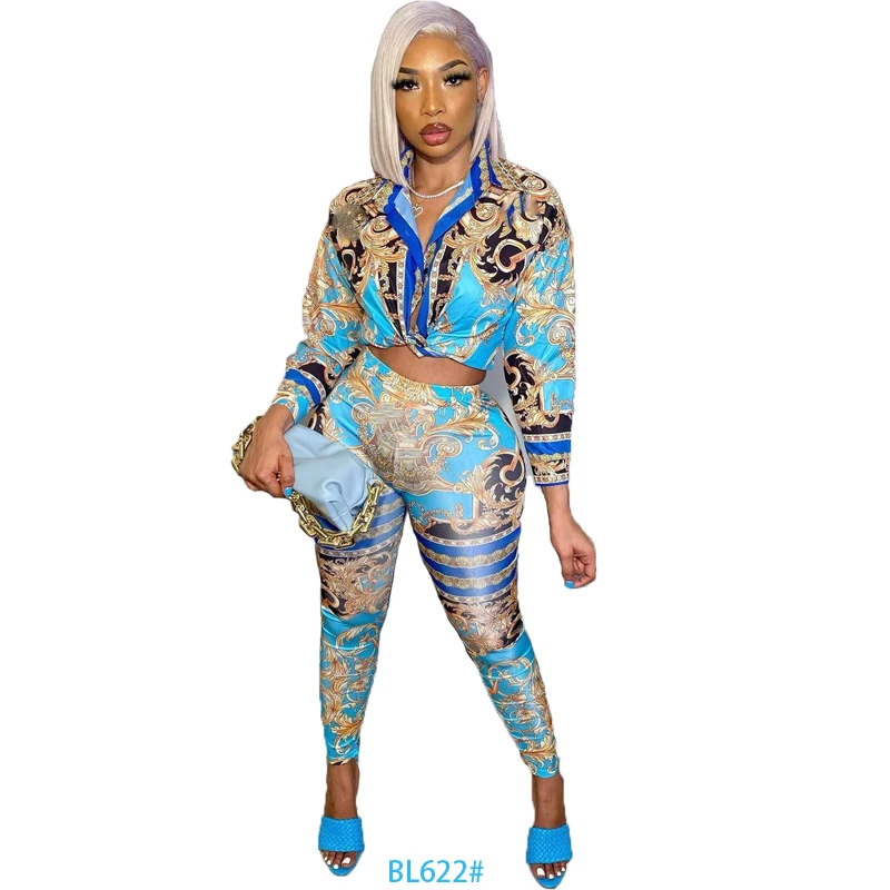 

European and American women's fashion casual printed long-sleeved shirt two-piece set