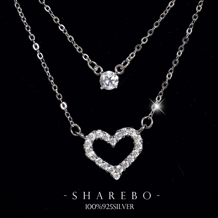 Wholesale New Fashion Jewelry Chain 925 Silver Double heart crystal Necklace for Women