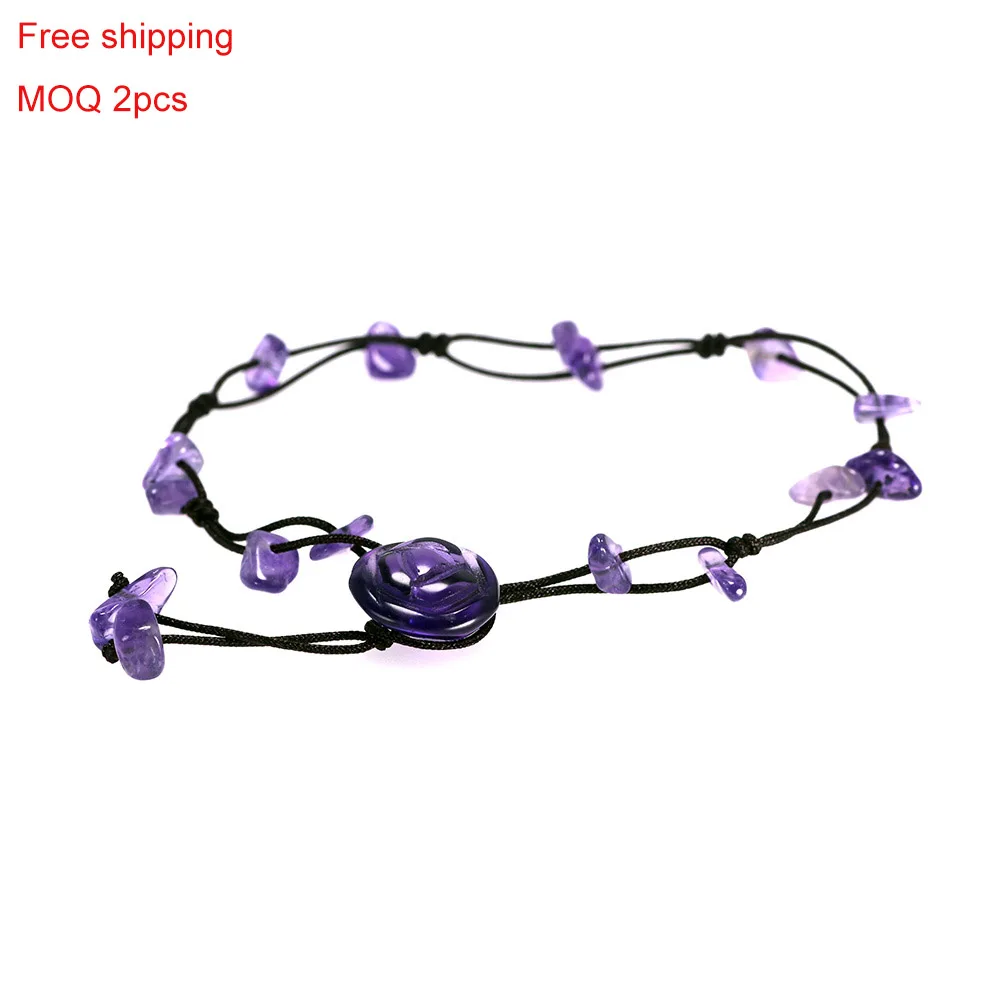 

Handmade Braided Anklets for Women Jewelry Natural Amethyst Jade Rose Quartz Stone Beads Chain Flower Engraved Fine Jewelry