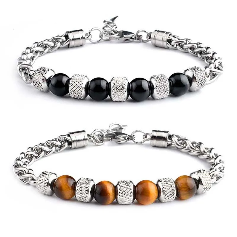 

8mm Tiger eye Stainless Beaded Stainless chain Natural Stone Bracelet ST224, As the pictures