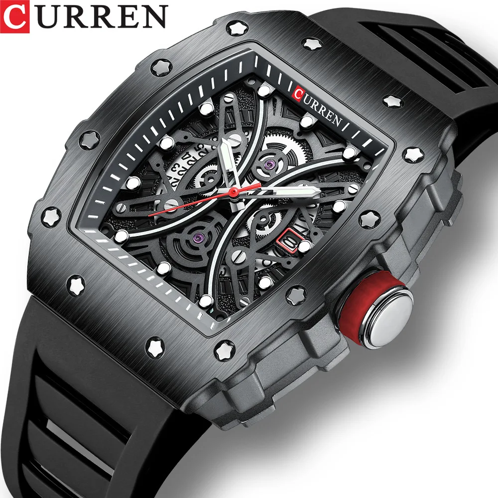CURREN 8438 Men's New Sport Black Rubber Quartz Watches Luxury Business Waterproof Calendar Wristwatch Gift for Male Black Watch