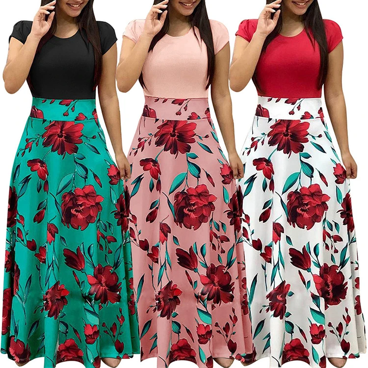 

Summer Casual Women Clothing Short Sleeves A-line Floral Printed Plus Size Maxi Dress Women, Black / brown / dark green / green / pink / red / white