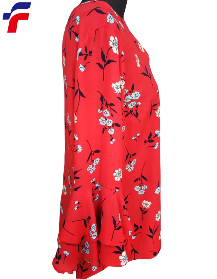 热卖鲜红色印花女士plus/小v领喇叭袖结束衬衫软绉雪纺