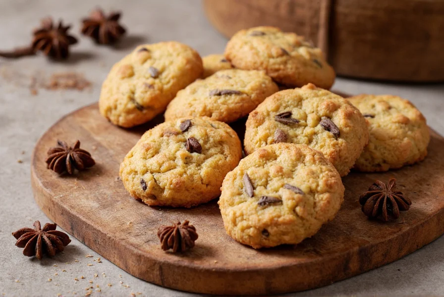 Traditional Italian anise cookies arranged on rustic wooden board with anise seeds scattered around