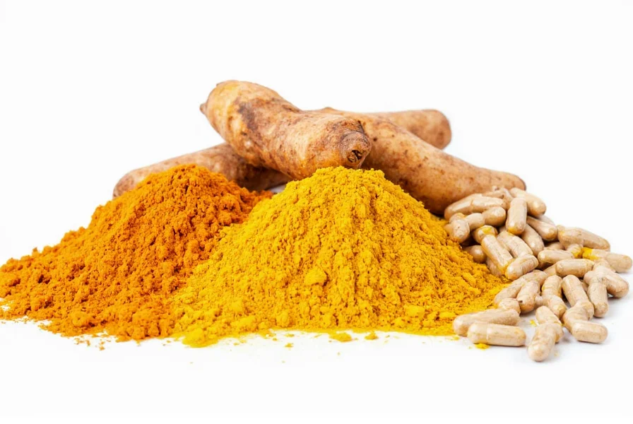 Turmeric root, powder, and capsules arranged for dosage comparison