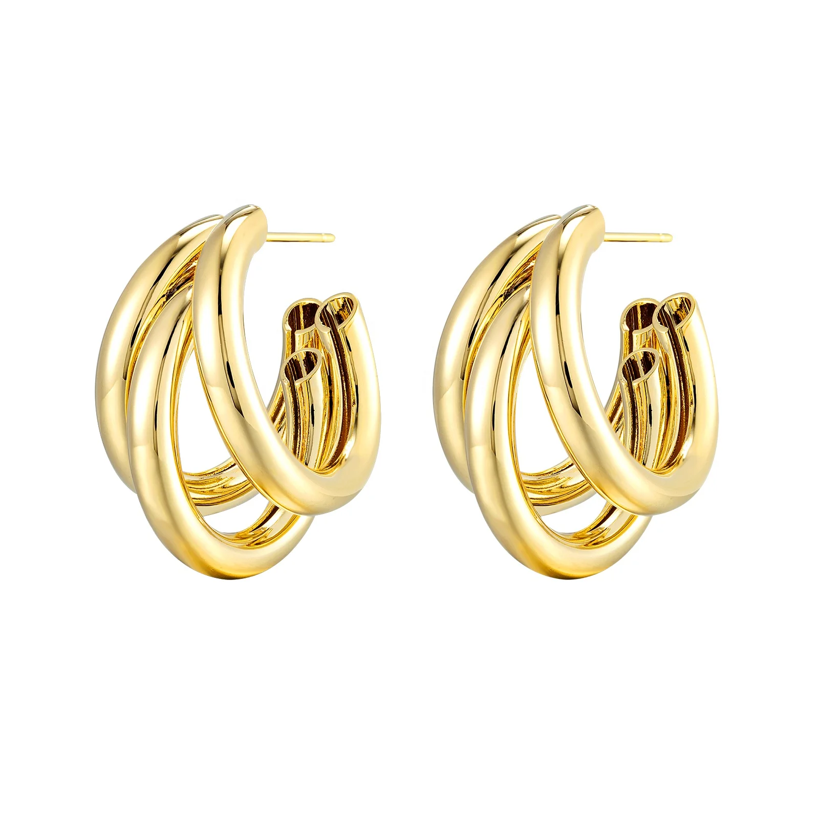 

Hypoallergenic hollow triple c-shaped multilayer huggie split earrings 18K Gold Plated Exaggerated Earring Retro Earrings, 18k gold, platinum, rhodium, rose gold