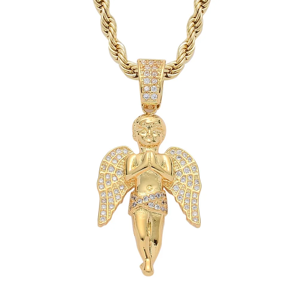 

Hip Hop Prayer Hand Guardian Cupid Baby Gold Iced Out Cubic Zircon Pendant Angel Wing Necklace, Steel corol, ip black