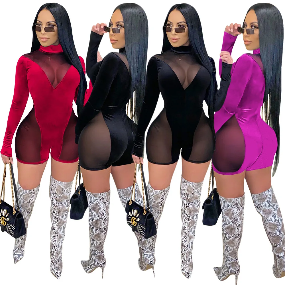 

S61050 - Sexy Bandage Mesh Long Sleeve Patchwork Velour Women Jumpsuits And Rompers