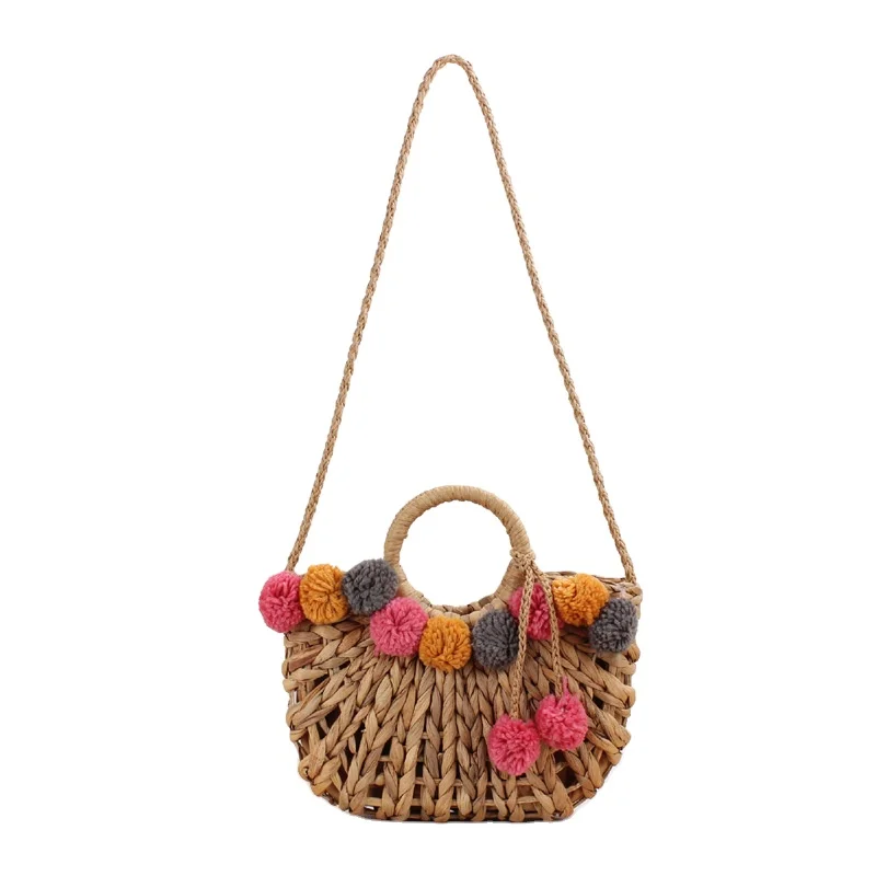 

Summer fashion ladies straw beach designer bag ethnic crossbody shoulder bag with pom pom, Customerized