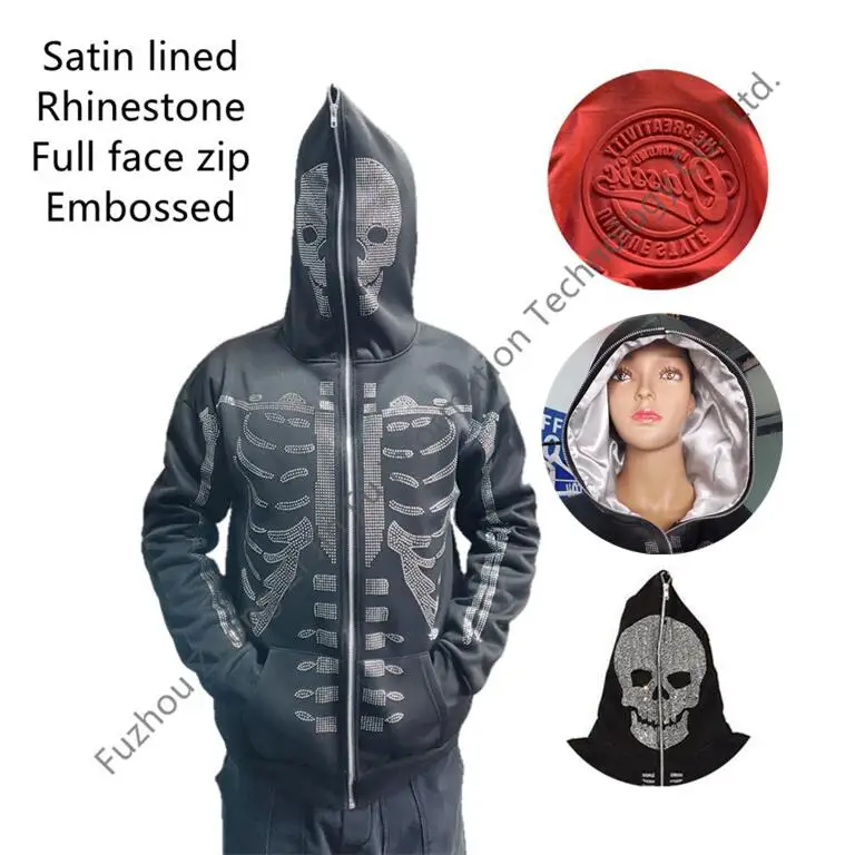 

Custom Logo Mens Women Unisex Silk Satin Lined Embossed Skeleton Rhinestone Full Face Zip Hoodie, Customized color