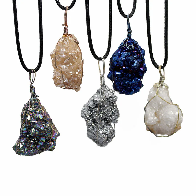 

Wholesale Wire Wrapped Gemstone Pendants Charms Natural Geode Quartz Stone Pendants Druzy Stone Pendant