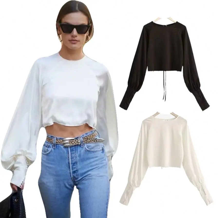 

Sexy Crop Tops For Women 2021 Clothing Vintage French Puff Sleeve Blouses Ladies Fashionable Black White Shirts Party Club, Color