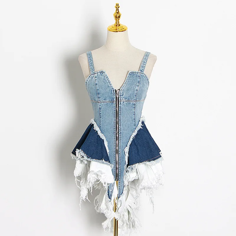 

New Arrivals Sleeveless 2021 Ripped Blue One Piece Jean Skirts 2Xl Plus Size Vest Denim Dress Women'S Skirts