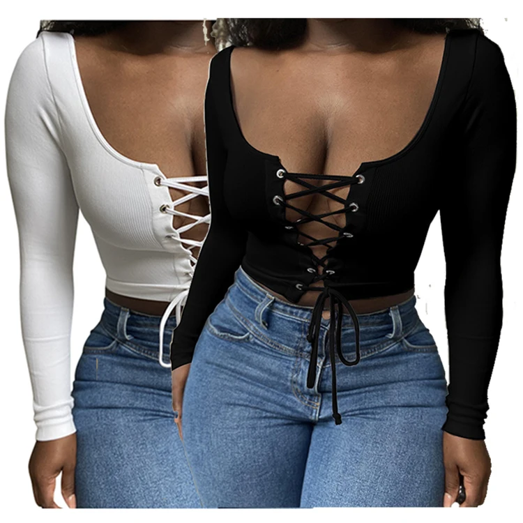 

Fall new Solid Color Long Sleeve T Shirt Bandage Sexy Crop Top Hollow Out undershirt Women Tops