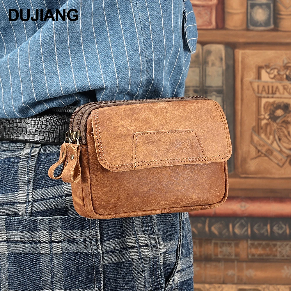 

New Custom Wholesale Zipper Fashion Pouch Belt Bag Sport Running Genuine Leather Waist Bags Men Fanny Pack For Hiking, Brown