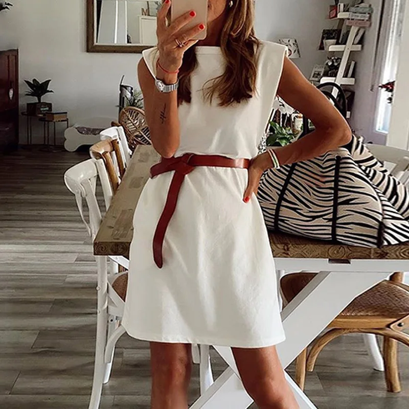 

2021 Spring New European And American Diagonal Collar Dress Female Solid Color Short Skirt Loose Sexy Dresses, Picture