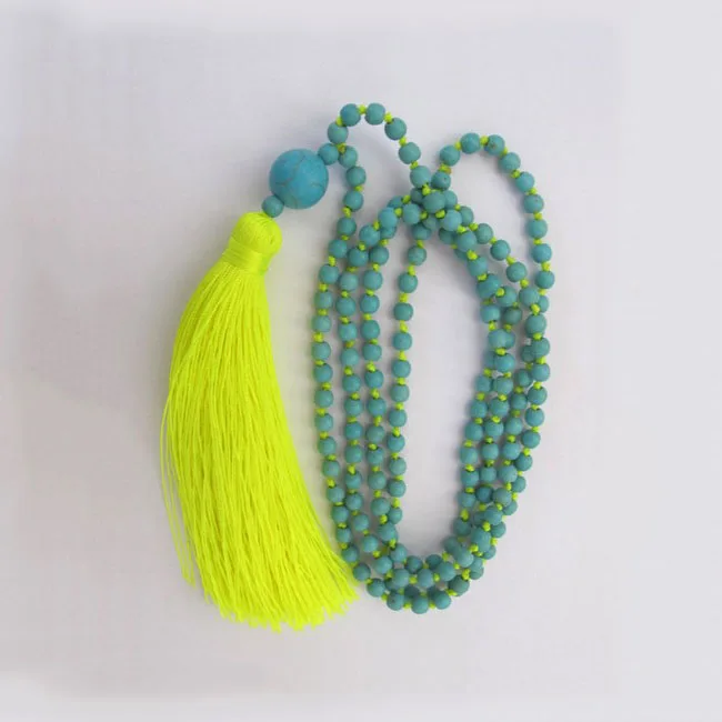 

NE2102 Small turquoise beaded necklace, yellow tassel knotted necklace, round turquoise pendant necklace