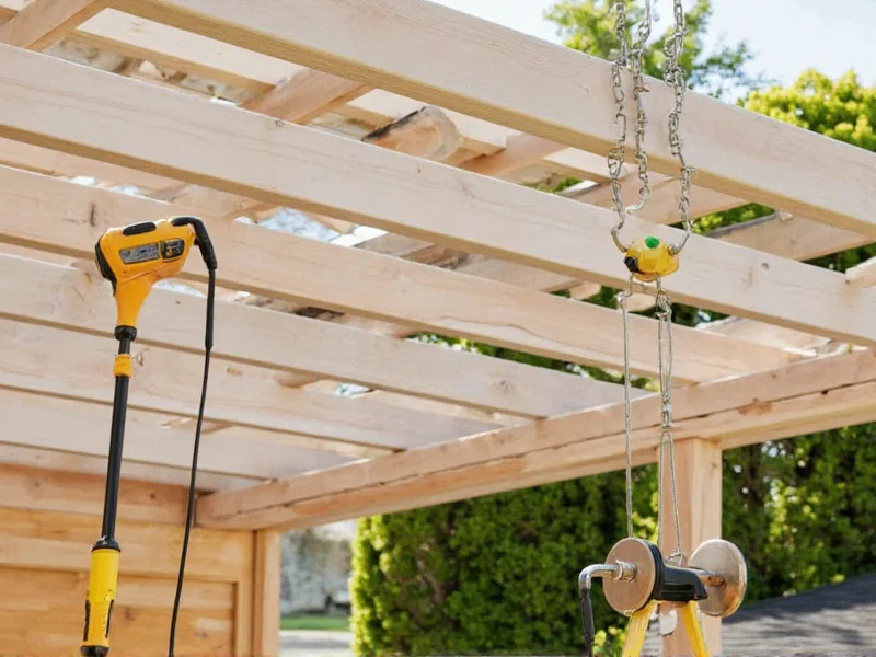 DIY pergola construction with measuring tape and level