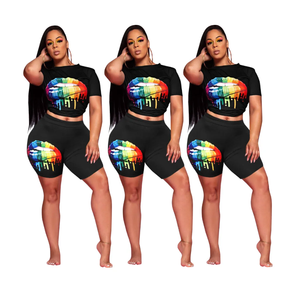 

Lip Printed Black Color Two Pieces Set Women Clothing Casual Women Shorts Set