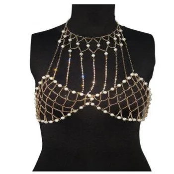 

2019 Brand European Summer Sexy Pearl Bra Breast Chain Body Women Bling Rhinestone Chain Harness Hollow Out Bikini Body Jewelry