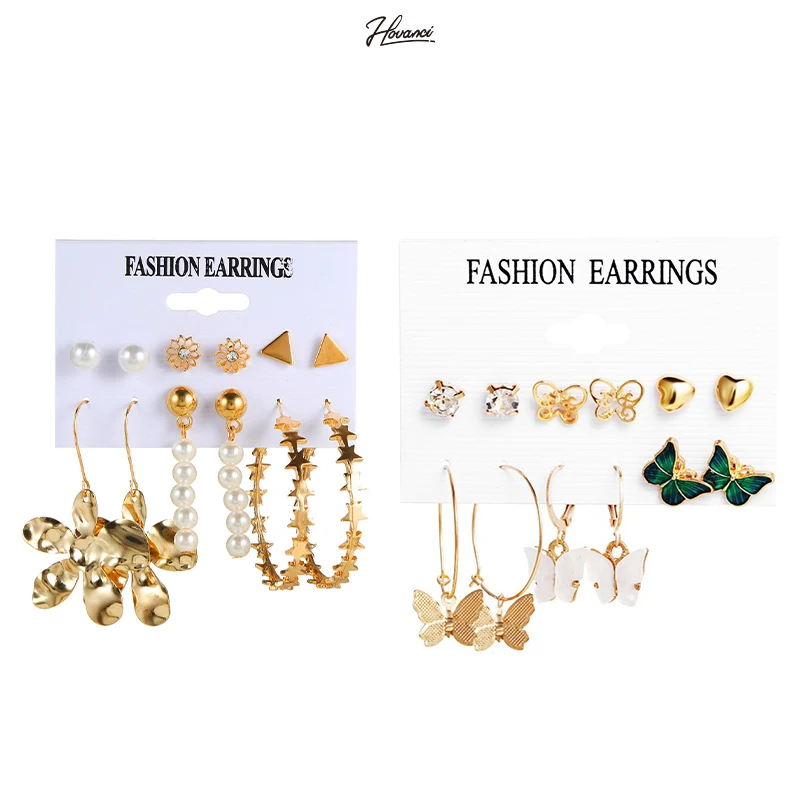 

HOVANCI Hollow Geometric C-shaped Pearl Metal Twist Earring Jewelry Gold Plated Hoop Earrings Set For Women