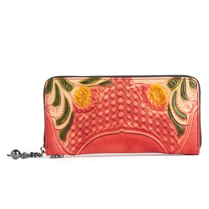 

Bohemia Orange Flower Designer Purse Handbags Zipper Closure Woman PU Leather Wallet