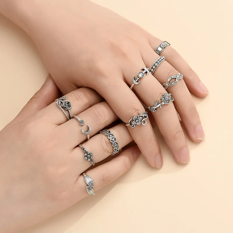 

PUSHI 11 pcs Alloy Finger Knuckle Rings Set For Women fashion cute flower set ring girls jewelry sets