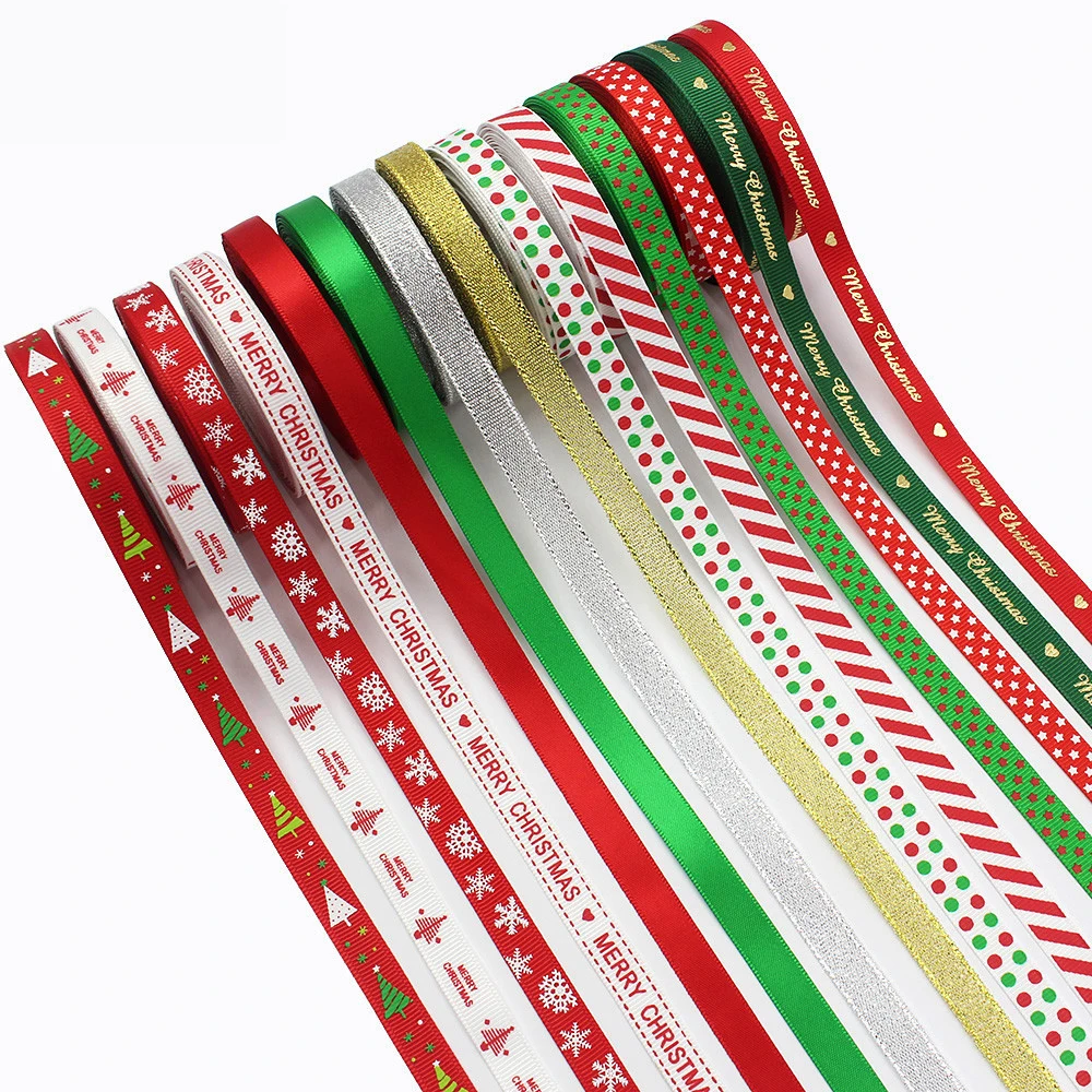 

Factory New Foil Gold Printed Xmas Tree Deer Santa Claus Snowman Grosgrain Christmas Ribbon For Packing, 15 colors