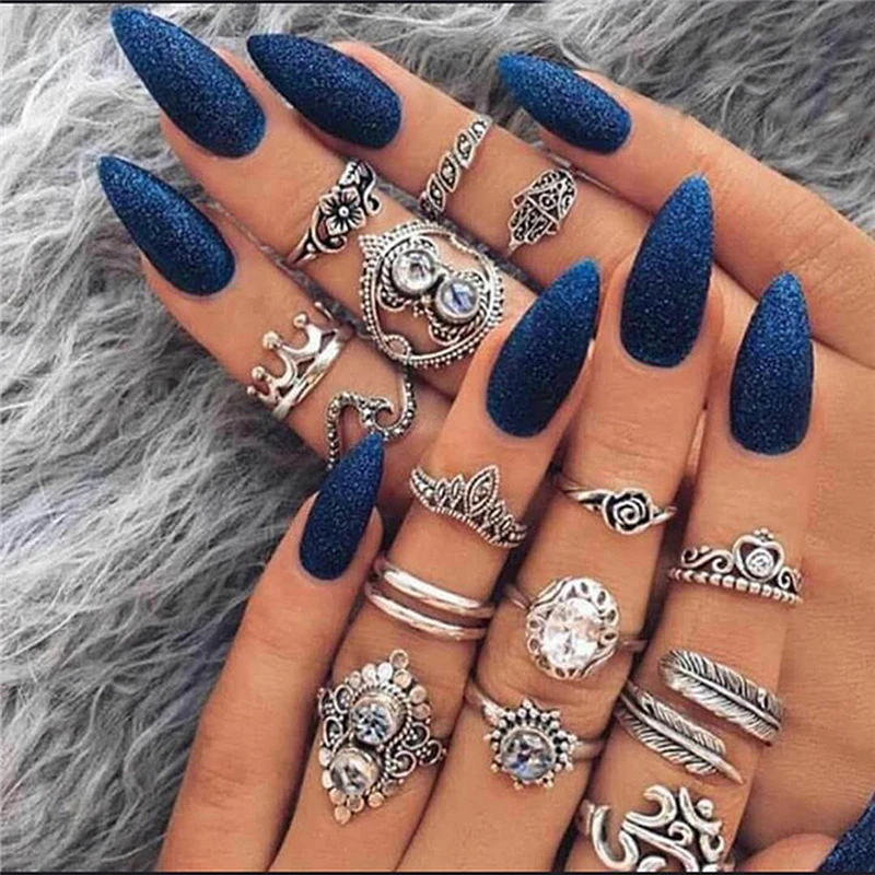 

Small Order Bohemian Antique Silver Crystal Knuckle Rings Set Geometric Gemstone Midi Opal Rings For Girls Wholesale