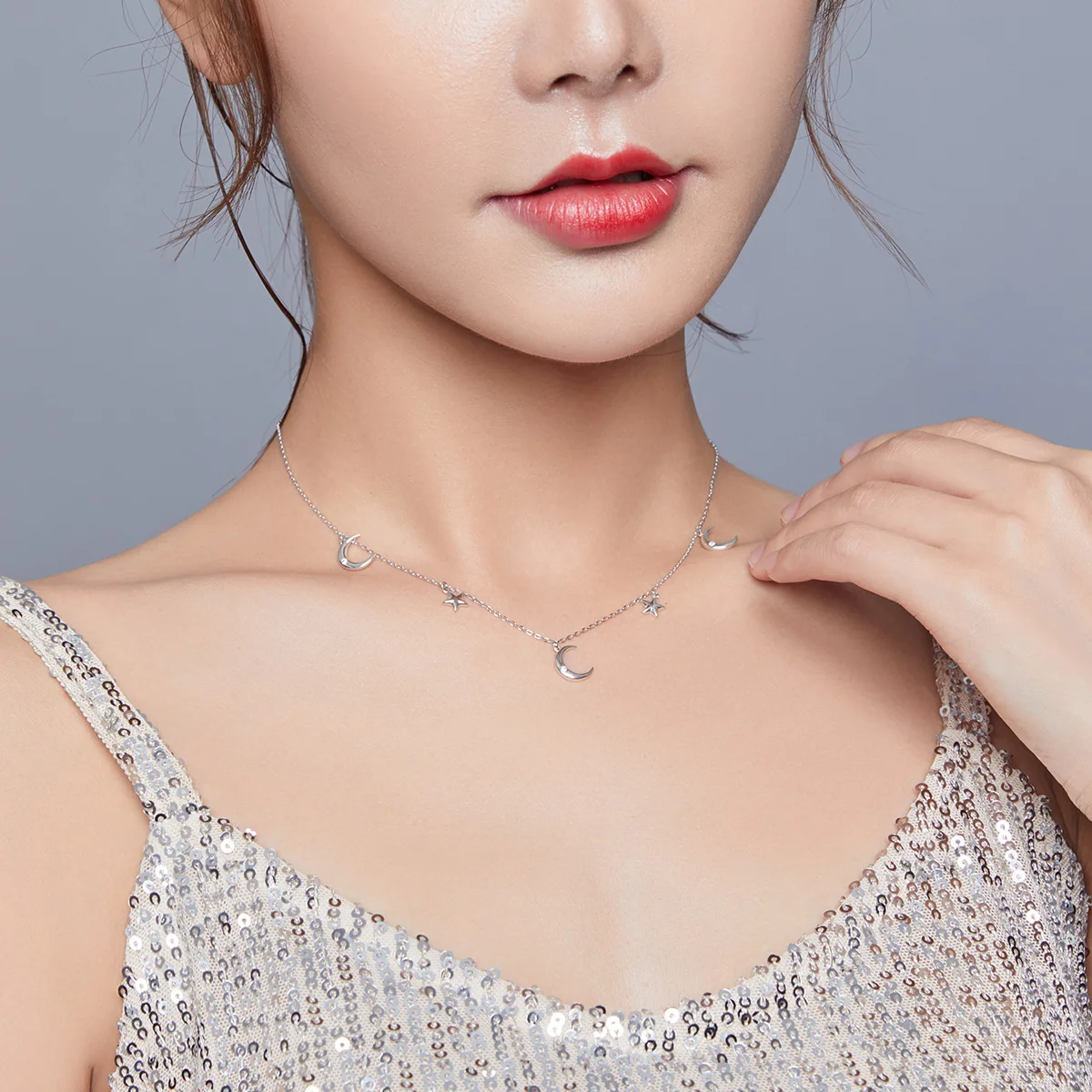 

Wholesale Fine Jewelry Accessories Women 925 Silver Necklace Luxury Moon & Stars Link Chain Necklaces