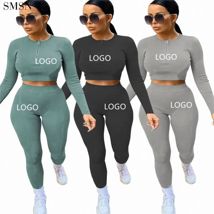 

Newest Design Solid Color Zipper Tight Casual Tow Piece Crop Top And Pants Set Women's Sweat Absorbing Sports Suit