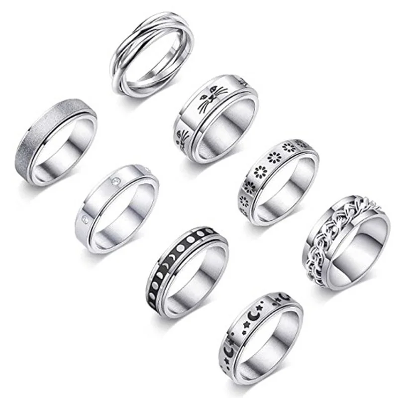 

Classic Men women Rotatable Spin Fidget Anxiety Finger Rings Silver Tungsten Stainless Steel Spinner Rings, As picture