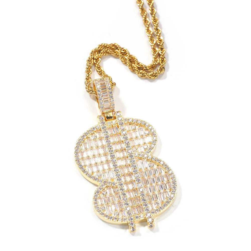 

Hip Hop Men's Copper Inlaid Zircon Pendant Individuality Dollar Symbol Sweater Chain Trendy Unisex Street Rap Jewelry Accessory, Gold silver