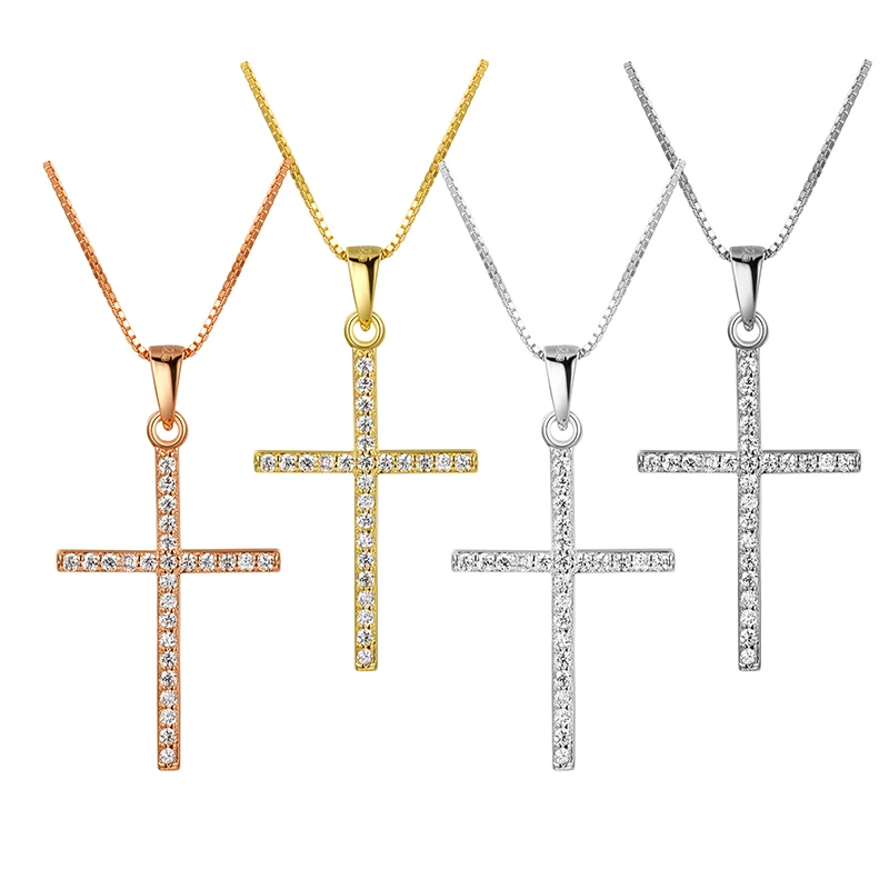 

Trendy Inlay Zircon Gold Plated 925 Sterling Silver Cross Necklace Pendant For Women Box Chain Minimalist INS Style, Silver,gold,rose gold,platinum