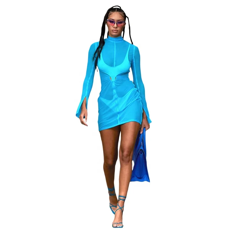 

Sexy Blue Long Sleeve See Through Womans Mesh Dresses