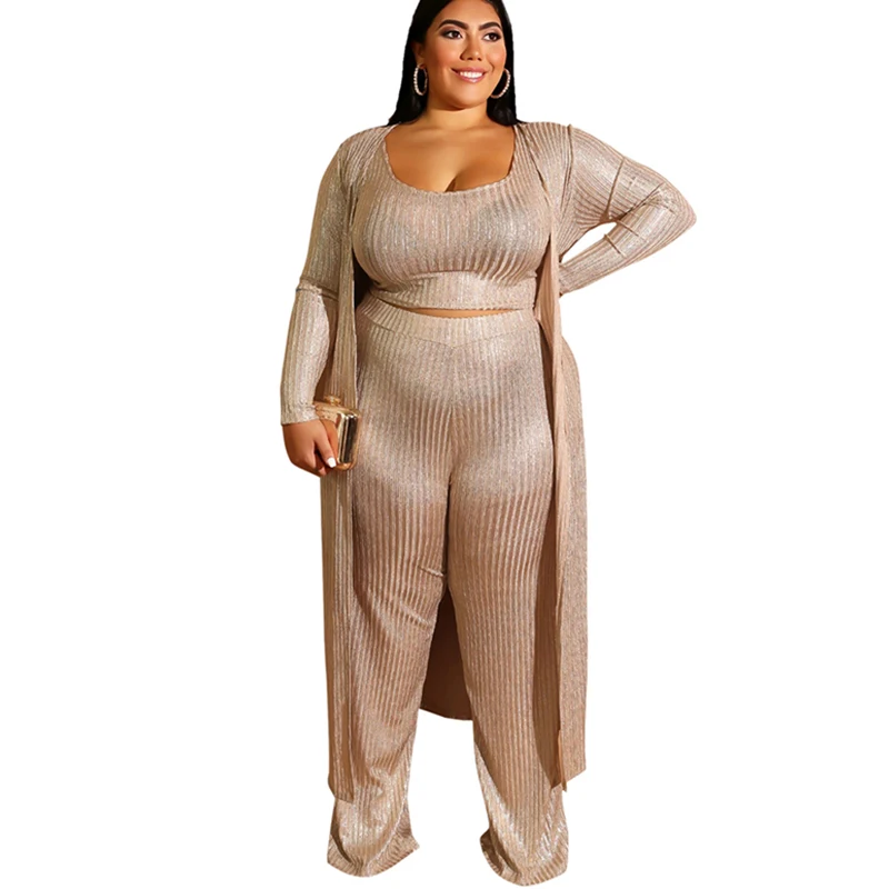 

stock women 3 piece bra with long style coat and wide leg pants plus size outfits summer clothes, Black