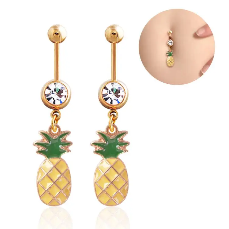 

Hot sell Fashion Diamond-mounted Stainless Steel Belly Rings Pineapple Navel Rings Piercing Belly Button Rings for Women, Yellow