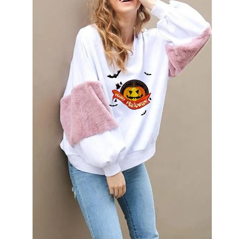 

European Lady Baggy Furry Plain Pullover Hoodies Women Fashion Long Sleeve Custom Printing Girl Casual Oversized Crew Neck Hoody, White